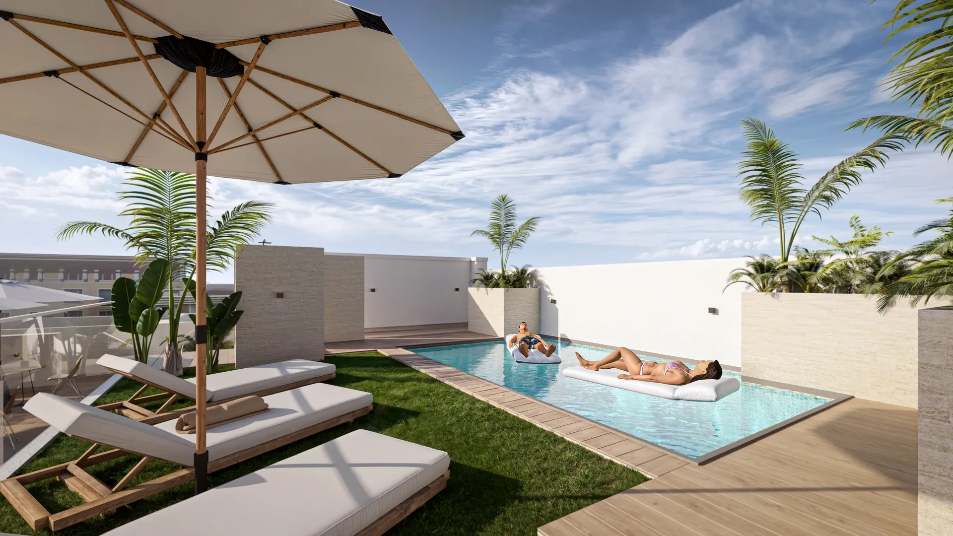 Приватный лаунж и зона шезлонгов у бассейна на крыше